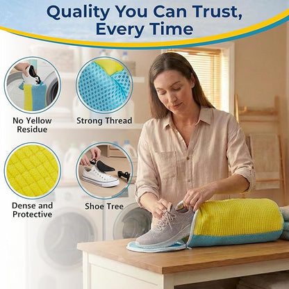 Shoe Washing Machine Bag, 2 Pcs Cylindrical Laundry Shoe Bag for Washer and Dryer with Adjustable Shoe Trees, 360 Deep Cleaning Sneaker Washing Bag with Zipper, Fits All Shoe Types and Sizes, Yellow