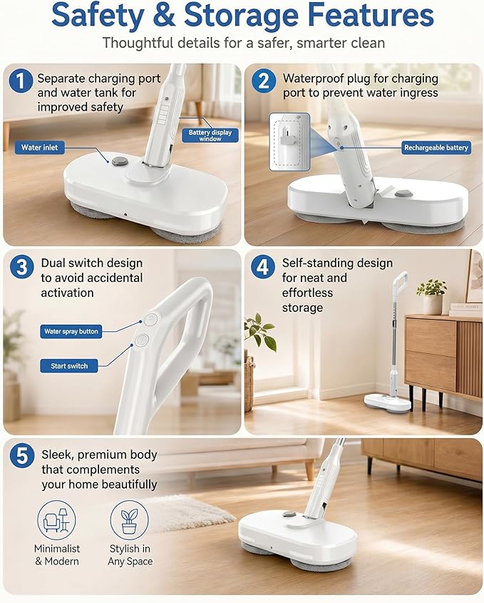 buways Lightweight Cordless Electric Mop, Self-Propelled Electric Spin Mop, Gravity Assist Pressure, 8000mAh Battery, LED Light & Water Spray, for Hardwood, Tile & Laminate Floors