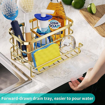 HapiRm Multifunctional Kitchen Sink Organizer with Removable Drain Tray, Quick Draining Rustproof Sink Caddy, Stainless Steel Kitchen Sponge Holder for Holds Sponge, Cleaning Towel and Scrubber - Gold