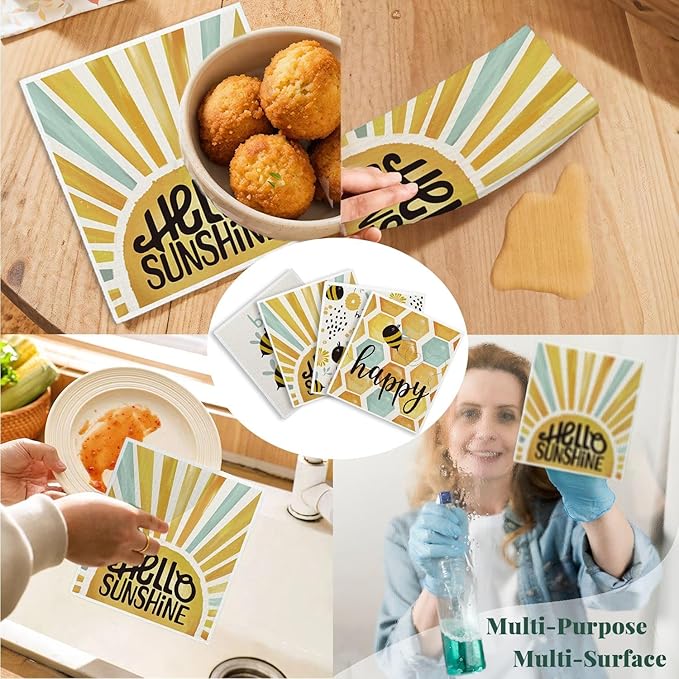 Bee Hello Sunshine Cute Swedish Dishcloths for Kitchen, 4 Pack Summer Gifts Swedish Dish Cloths Towels for Kitchen Bathroom Office Housewarming Gifts, Papaya Reusable Paper Towels Washable
