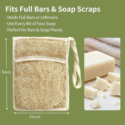 Soap Bag Made from Natural Egyptian Loofah, Luxury Exfoliating Soap Saver Bar Soap Pouch with Rich Foam, Rough Texture, Quick Drying, Long Hanging Loop for Shower & Travel (2 Pack)
