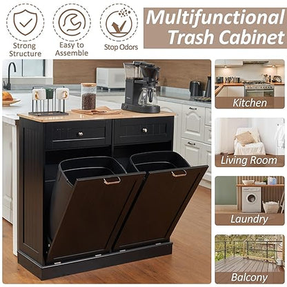 AHB Double Tilt Out Trash Can Cabinet Hidden Kitchen Trash Can, 2x13 Gallons Freestanding Recycling Cabinet with Hideaway Drawers Pet Proof Trash Can for Kitchen Living Room, Black