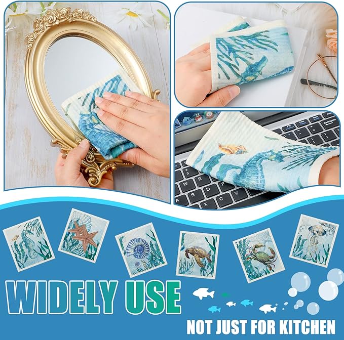Remagr 6 Pcs Swedish Kitchen Dish Towels Kitchen Cloths Reusable Sponge Cleaning Cloths Absorbent Dish Cloth Quick Drying Washable Cleaning Wipes No Odor Hand Towel (Marine Life)