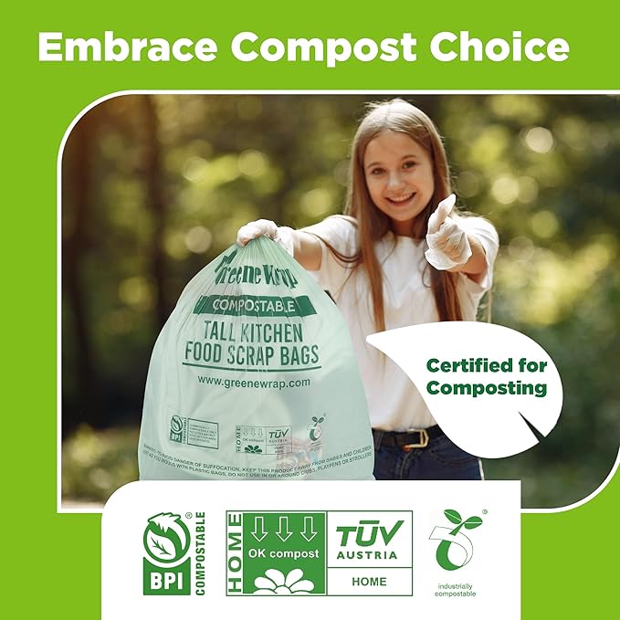 13 Gallon Compostable Trash Bags with Drawstring, 30 Count, 1 Mil, Tall Kitchen Food Scrap Compost Bags, BPI Certified, ASTM D6400, Compostable Garbage Bags, Unscented, 13 Gal