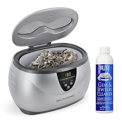 Magnasonic Ultrasonic Cleaner, 20oz Stainless Steel Tank, Digital Timer, 5 Cleaning Modes, w/ 8oz Gem & Jewelry Cleaner Concentrate Solution for All Jewelry, Eyeglasses, Watches, Dentures, Retainers