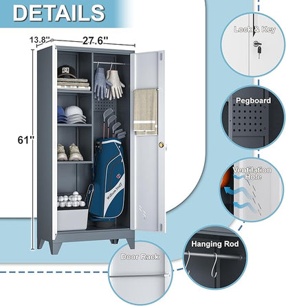 VASAAOSD 61" Broom Closet Storage Cabinet, Metal Storage Cabinet with Doors, Utility Cabinets for Brooms and Mops, Cleaning Tool Cabinets for Garage, Laundry Room, Bathroom (White)
