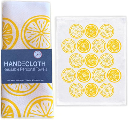 HANDECLOTH Hand Printed Reusable Paper Towels/Lint-Free/Cotton/American Made/Absorbent/Durable/Quality Edges/No Pilling/Machine Washable/Guest Towel (Lemons, 12 Pack)