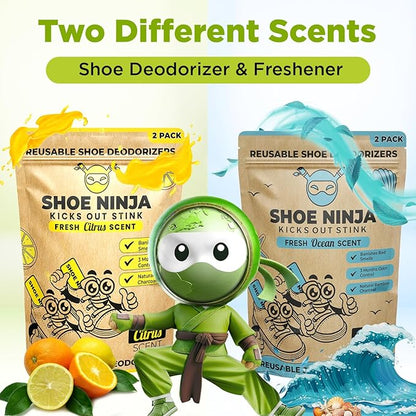 Shoe Ninja Shoe Deodorizer - Shoe Odor Elimination with Activated Charcoal, Versatile and Reusable Shoe Smell Remover, Boxing Glove Deodorizer, and Shoe Freshener, Great for Sports - 1 Pack Count of 2