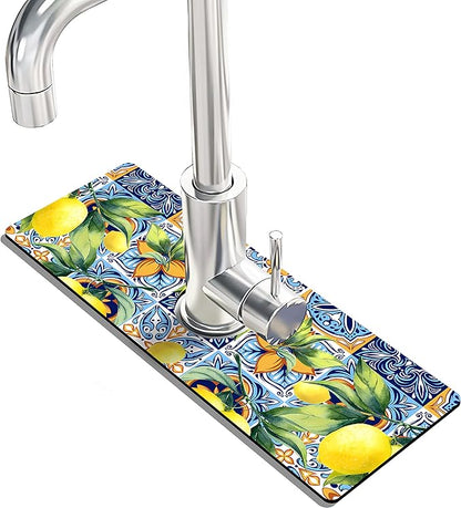 Kitchen Sink Splash Guard Faucet Mat Super Absorbent Fast Drying Mat Sink Gadgets Splash Guard Behind Faucet Drip Catcher for Kitchen (Lemon, 15x5.5in)