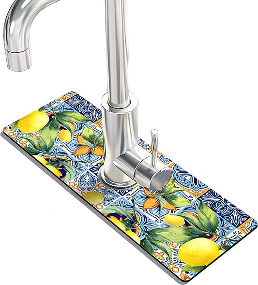 Kitchen Sink Splash Guard Faucet Mat Super Absorbent Fast Drying Mat Sink Gadgets Splash Guard Behind Faucet Drip Catcher for Kitchen (Lemon, 15x5.5in)
