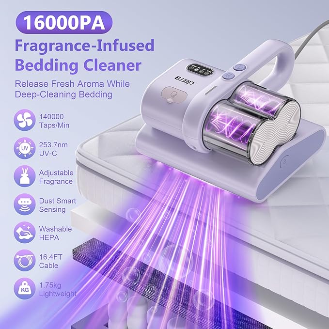 Mattress Vacuum Cleaner, 16KPa Suction, Dual Brushroll & Suction, Smart Dust Sensor, UV-C 253.7nm, HEPA, Fragrance Mist, 16.4FT Cord, Lightweight for Bed Sofa Carpet (Fragrance Not Included)