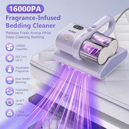 Mattress Vacuum Cleaner, 16KPa Suction, Dual Brushroll & Suction, Smart Dust Sensor, UV-C 253.7nm, HEPA, Fragrance Mist, 16.4FT Cord, Lightweight for Bed Sofa Carpet (Fragrance Not Included)