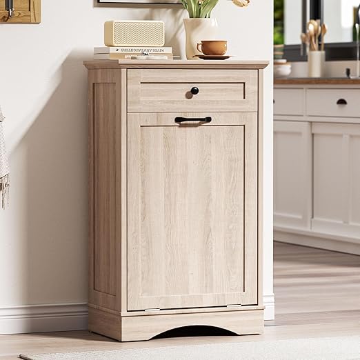 AHB 13 Gallons Tilt Out Trash Cabinet Hidden Trash Can Cabinet Freestanding Garbage Recycling Cabinet with Hideaway Drawer Pet Proof Trash Bin for Kitchen Living Room, Natural