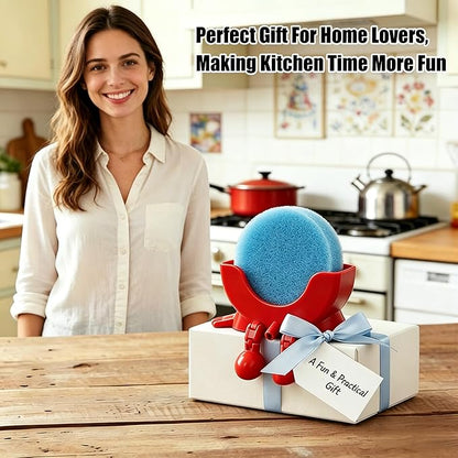 Cute Hanging Sponge Holder with Drainage,3D Printed Kitchen Funny Sponge Stand for Sink,with non-slip pads,Suitable for Scrub Daddy Holder,Keeps Your Sponge Dry Smiling (Red)