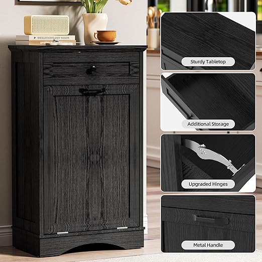 AHB 13 Gallons Tilt Out Trash Cabinet Hidden Trash Can Cabinet Freestanding Garbage Recycling Cabinet with Hideaway Drawer Pet Proof Trash Bin for Kitchen Living Room, Black