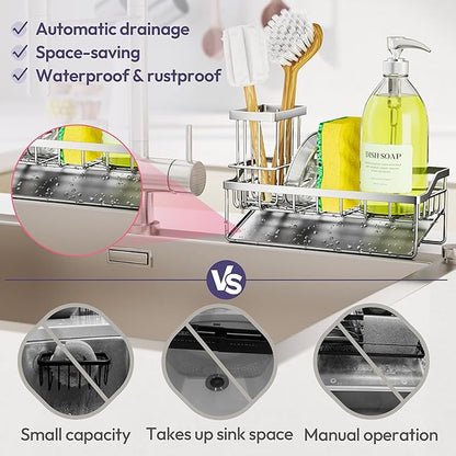 SWTYMIKI Sink Caddy Sponge Holder - Kitchen Sink Organizer with Stainless Steel Self Drain Tray & High Brush Holder for Countertop to Hold Dish Soaps and Sponges, Stainless Steel, Silver