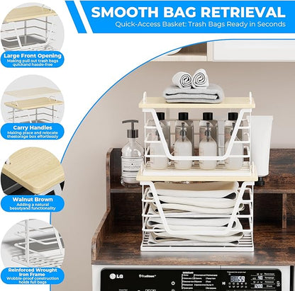 Trash Bag Holders with Wood Top, Large & Small Garbage Bag Dispenser for Kitchen, Pantry, Laundry Room Organization, Wall Mount or Countertop Use, White Medium