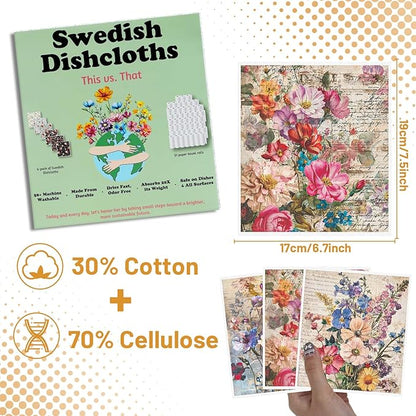 Vintage Flower Swedish Dishcloths for Kitchen - 6PCS Floral Swedish Cloths for Washing Dishes Reusable, Wildflower Washable Kitchen Towels, Reusable Sponge Cloths for Home Party Housewarming