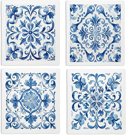 Swedish Dishcloths for Kitchen, Vintage Blue Floral Swedish DishCloths, Papaya Reusable Paper Towels Washable, 4 Pcs Dish Towels for Kitchen Party Home Housewarming Cleaning Cloths
