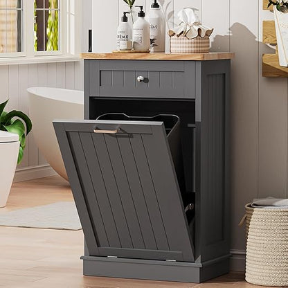 AHB 13 Gallons Tilt Out Trash Cabinet, Hidden Trash Can Kitchen Cabinet Wooden Tilt Out Pet Proof Hidden Trash Bin for Kitchen Living Room, Grey