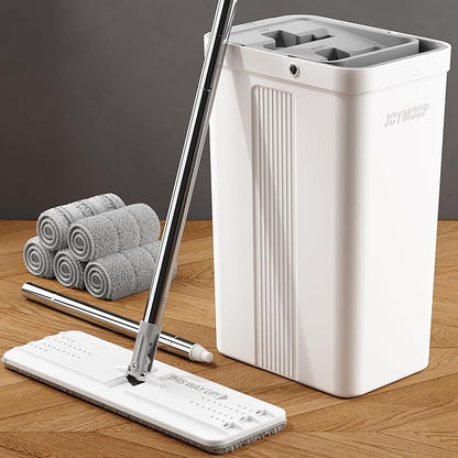 JOYMOOP Mop and Bucket Set, Flat Mops for Household & Commercial Floor Cleaning, Wet Dry Mops for Walls & Hardwood Floors, Wall Cleaner with Long Handle, Includes 5 Microfiber Pads