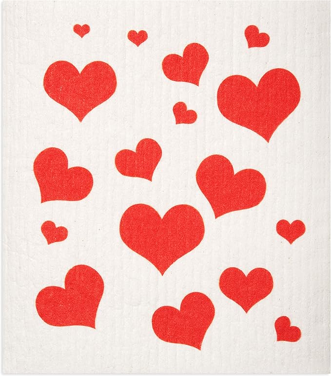 Swedish Dishcloths 2-Pack - Super Absorbent Reusable Cellulose Sponge Cloths, Eco-Friendly Kitchen Cleaning Towels, Machine Washable, Flying Hearts Design, 7.87"x6.88"