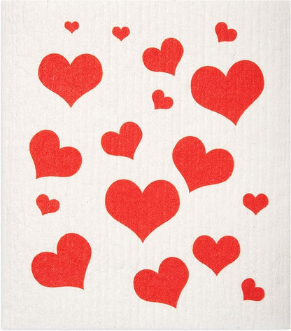 Swedish Dishcloths 2-Pack - Super Absorbent Reusable Cellulose Sponge Cloths, Eco-Friendly Kitchen Cleaning Towels, Machine Washable, Flying Hearts Design, 7.87"x6.88"
