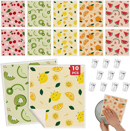 wlich 10PCS Swedish Dishcloths for Kitchen, Reusable Paper Towels Washable, Dish Rags for Washing Dishes with Clips, Non-Scratch Kitchen Towels and Dishcloths Sets, Dish Cloths, No Odor(Fruit)