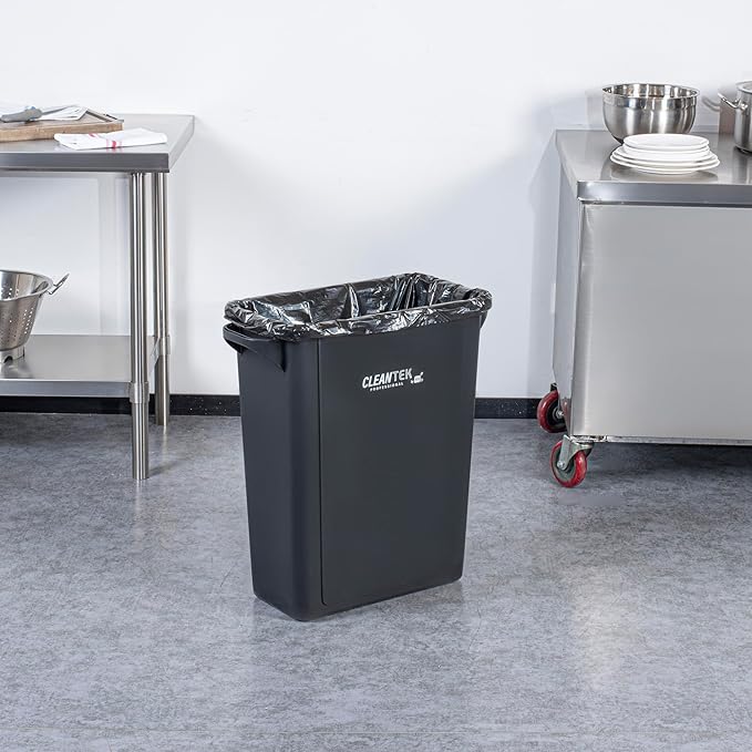 Restaurantware-Clean Tek Professional 15 Gallon Trash Can, 1 Slim Rectangle Waste Basket - With Handles, Space Saving, Black Plastic Garbage Bin, For Commercial Space, Office, Store, Cafe, And More