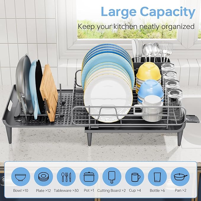 TOOLF Large Dish Drying Rack, Expandable Dish Rack for Kitchen Counter, Multifunctional Dish Drainer, Organization and Storage Essentials with Cup & Cutlery Holders, 16.7"-26.8" L x 12.6" W, Gray
