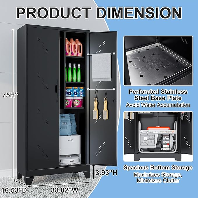 Broom Closet Storage Cabinet, Black Metal Cabinet with Lockable Doors, 75" Tall Garage Storage Cabinets, Outdoor Cleaning Broom Closet Organizer, Steel Tool Cabinet, Kitchen Pantry Cabinets