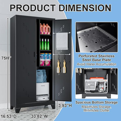 Broom Closet Storage Cabinet, Black Metal Cabinet with Lockable Doors, 75" Tall Garage Storage Cabinets, Outdoor Cleaning Broom Closet Organizer, Steel Tool Cabinet, Kitchen Pantry Cabinets