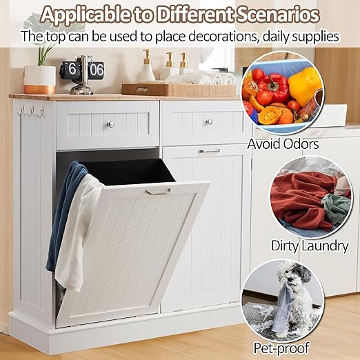 AHB Double Tilt Out Trash Can Cabinet Hidden Kitchen Trash Can, 2x13 Gallons Freestanding Recycling Cabinet with Hideaway Drawers Pet Proof Trash Can for Kitchen Living Room, White