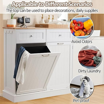 AHB Double Tilt Out Trash Can Cabinet Hidden Kitchen Trash Can, 2x13 Gallons Freestanding Recycling Cabinet with Hideaway Drawers Pet Proof Trash Can for Kitchen Living Room, White