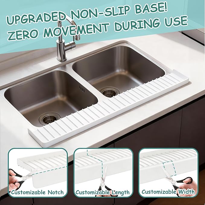 Silicone Sink Edge Protector Splash Guard, 24x4 Inch with Suction Cups & 5°Tilt, Cuttable for Kitchen Bathroom Countertops, Granite Quartz Surfaces (Transparency)