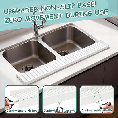 Silicone Sink Edge Protector Splash Guard, 24x4 Inch with Suction Cups & 5°Tilt, Cuttable for Kitchen Bathroom Countertops, Granite Quartz Surfaces (Transparency)