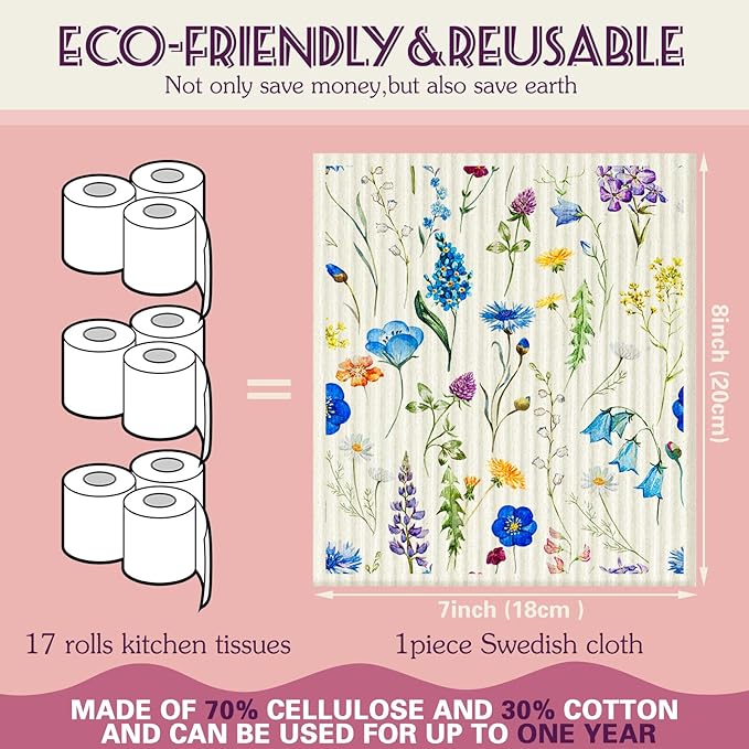 Cunhill 6 Pcs Swedish Dishcloth for Kitchen Spring Floral Swedish Dish Towels Colorful Wildflowers Dishcloth Watercolor Reusable Paper Towels Wildflowers Sponge Cloth for Party Home Cleaning Decor