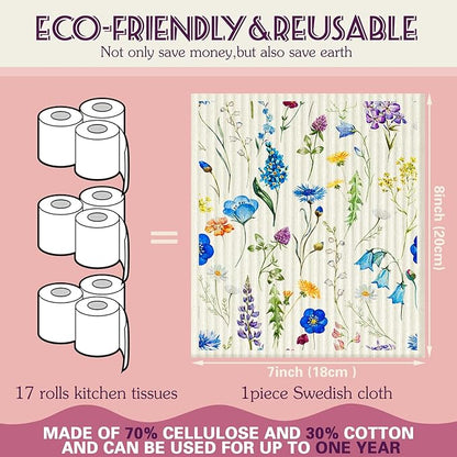Cunhill 6 Pcs Swedish Dishcloth for Kitchen Spring Floral Swedish Dish Towels Colorful Wildflowers Dishcloth Watercolor Reusable Paper Towels Wildflowers Sponge Cloth for Party Home Cleaning Decor