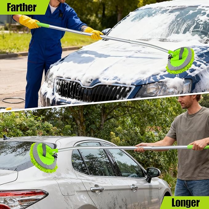 15° Curved Car Wash Brush with Long Handle 43" Extension Cleaning Mop Exterior Interior Carwash Duster 3-Section, 90° Pivoting Extralarge Microfiber Head for Scratch-Free Car, SUV & Truck