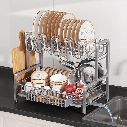 2 Tier Dish Drainer Drying Rack for Kitchen Counter, Large Stainless Steel Dishes Dryer with Drainboard, Space Saving, Big Rustproof Metal Modern Countertop Plates Strainer with Utensil Holder, Sliver