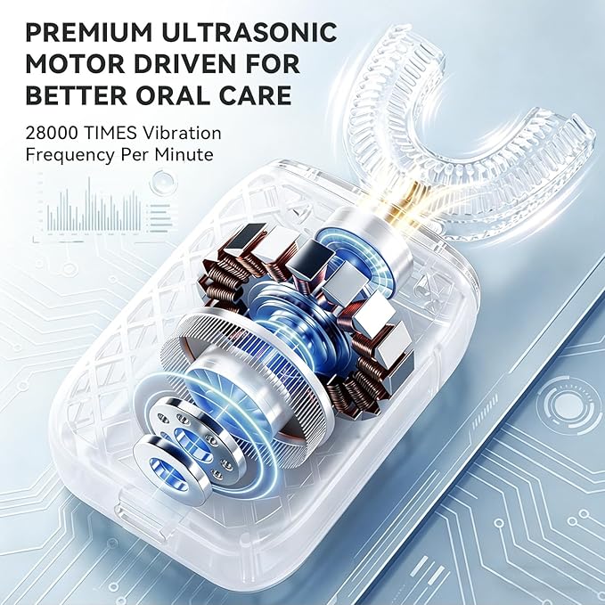 Sonic Electric U Shaped Toothbrush for Adults, Automatic Full Mouth Cleaning Toothbrush, 360° Stain Removal, IPX7 Waterproof Rechargeable, 3 U-Shape & 2 Straight Brush Heads (White - Cup)