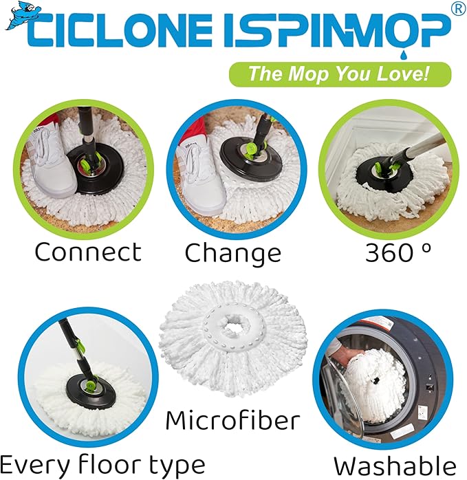 3-Pack Spin Mop Replacement Head - Spin Mop Refill Microfiber - Ciclone Ispinmop 360 Mop Head Refill - Spin Mop Head Replacement - Spin Mop Replacement Mop Pack of 3