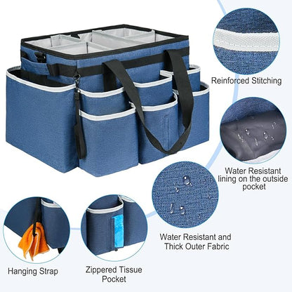 Large Rolling Cleaning Caddy Bag with Detachable Trolley,Cleaning Cart on Wheels with Shoulder Strap,Cleaning Supplies Organizer for Housekeepers,Blue