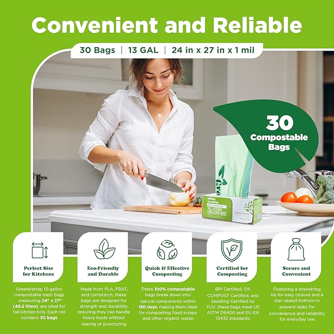 13 Gallon Compostable Trash Bags with Drawstring, 30 Count, 1 Mil, Tall Kitchen Food Scrap Compost Bags, BPI Certified, ASTM D6400, Compostable Garbage Bags, Unscented, 13 Gal