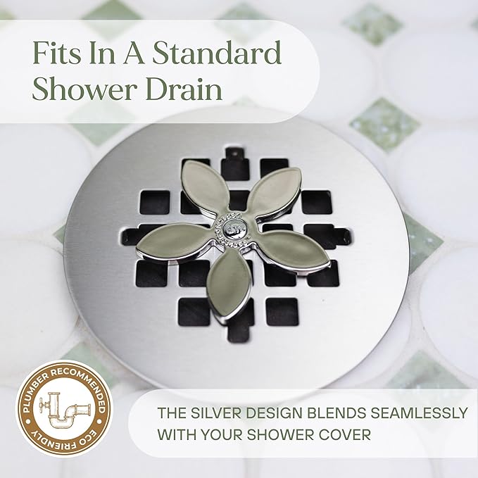 DrainWig Shower Drain Hair Catcher – Disposable Bathroom Hair Trap, Easy to Install in Shower Drain Cover, Helps Prevent Clogs – As Seen on Shark Tank – Silver Flower (2-Pack)