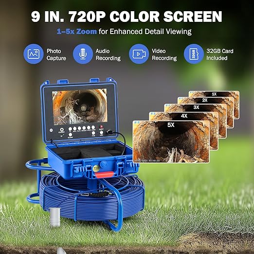 ZELCAN Self-Leveling Sewer Camera, Drain Camera 230FT with 9 in. LCD Screen, Waterproof IP68 Borescope Plumbing with 12 LED Lights, Included 32GB Card, with 512Hz Transmitter(Without Locator)