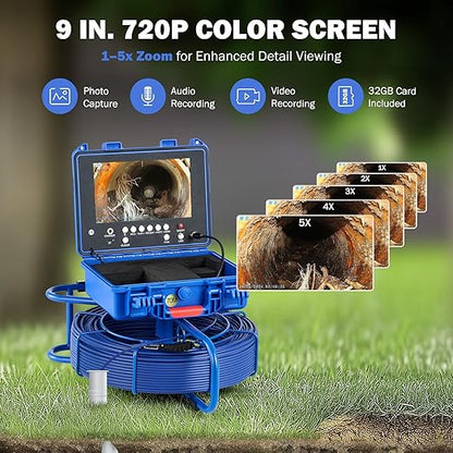 ZELCAN Self-Leveling Sewer Camera, Drain Camera 230FT with 9 in. LCD Screen, Waterproof IP68 Borescope Plumbing with 12 LED Lights, Included 32GB Card, with 512Hz Transmitter(Without Locator)