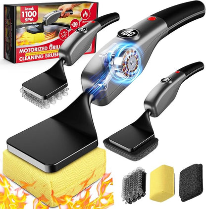 Reciprocating Electric Grill Brush, Fire-Resistant BBQ Grill Brush, Bristle-Free Grill Brush for Outdoor Grill, Grill Cleaner with 3 Heads, Cordless Grill Cleaning Brush with 3600 mAn, Silver