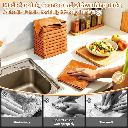 Kitchen Dish Cloths, 12 Pack, 10 x 10 Inches, Super Absorbent Kitchen Towels, Soft Lint Free Reusable Dish Cloths for Nonstick Cookware, Counters and Sink, Orange