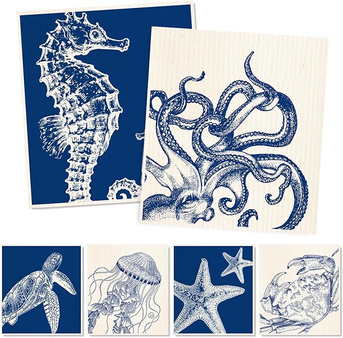 Whaline 6 Pcs Summer Swedish Dishcloths Cotton Kitchen Towels Octopus Seahorse Starfish Turtle Jellyfish Reusable Absorbent Dish Towels for Ocean Birthday Party Housewarming Cleaning, 7 x 8 Inch